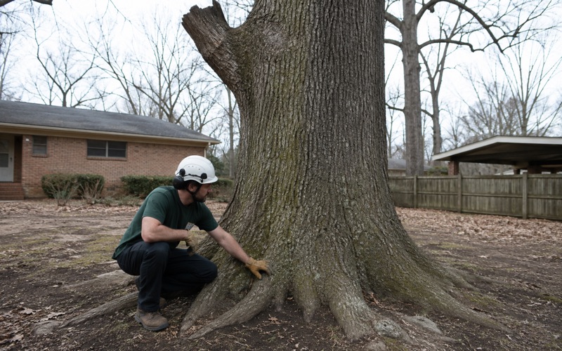 Worker testing the root flare buttress of a white oak on a settled Madison lot, the crown's deadwood above.