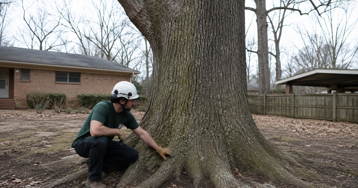Worker testing the root flare buttress of a white oak on a settled Madison lot, the crown’s deadwood above.