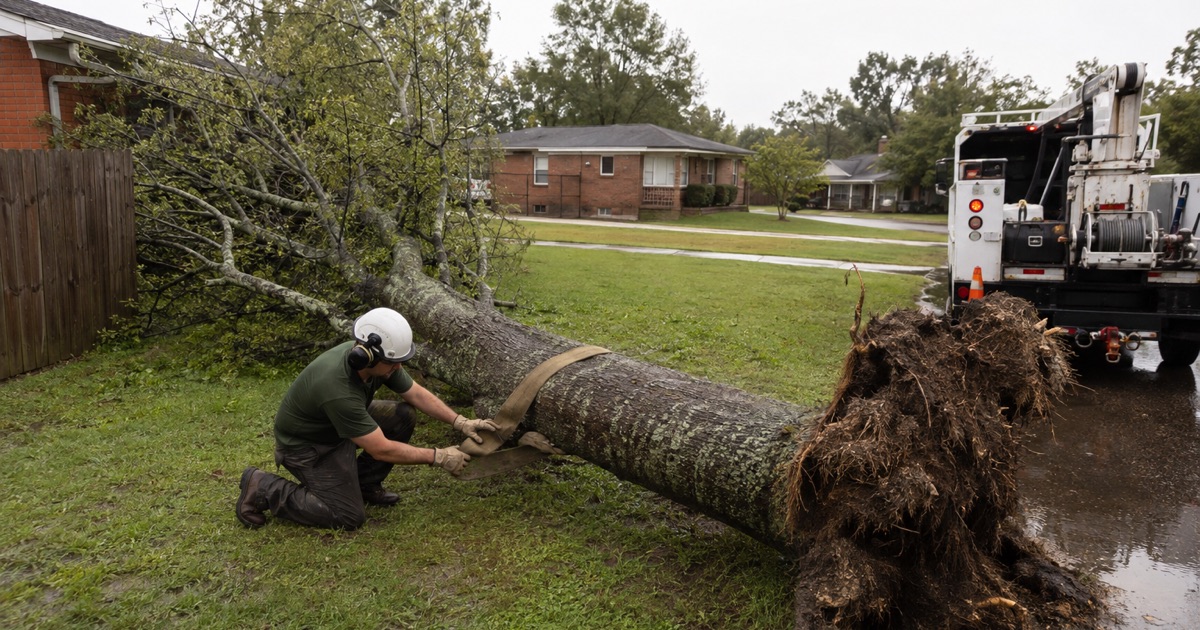 Worker passing a choker strap under a windthrown hackberry stem in a Madison front yard after a straight-line wind.