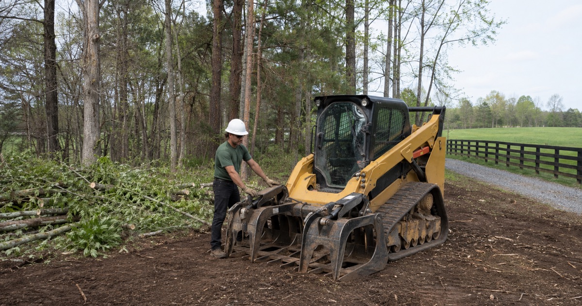Worker guiding the loader’s grounded grapple arm beside the windrow on a Madison tract part way through clearing.