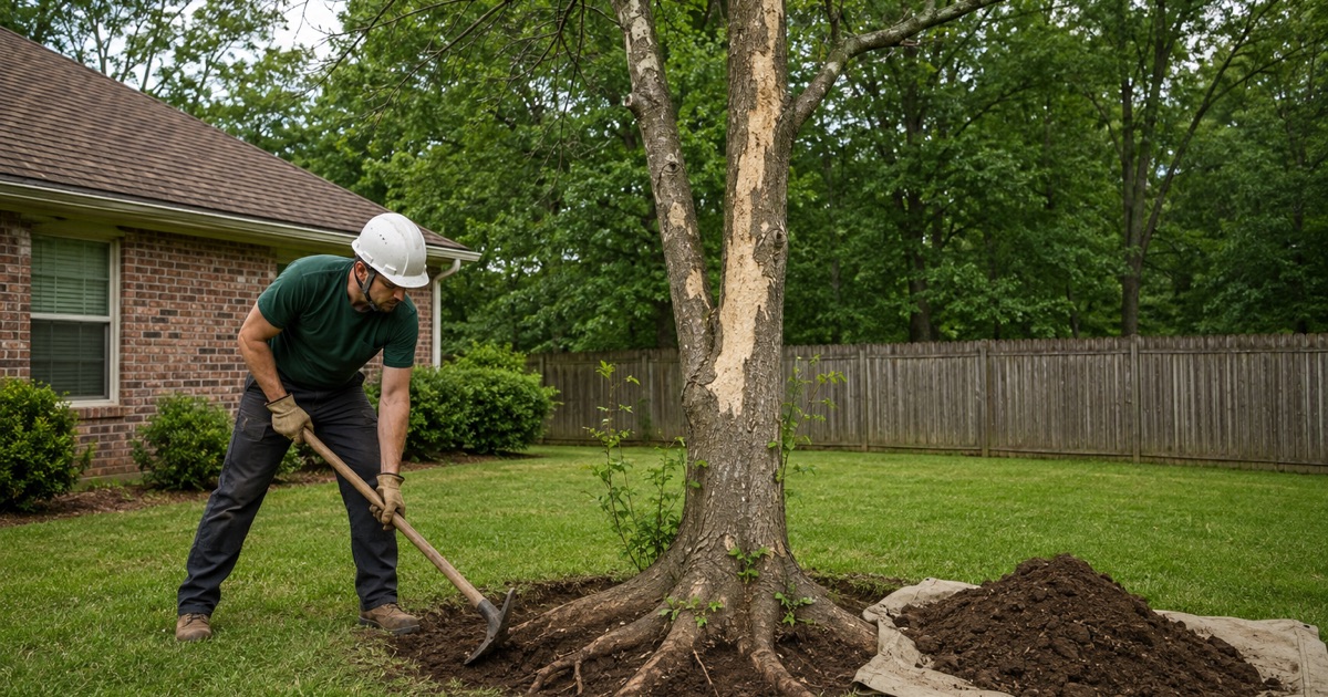 Worker opening the root collar of a declining green ash with a mattock in a Madison back yard.