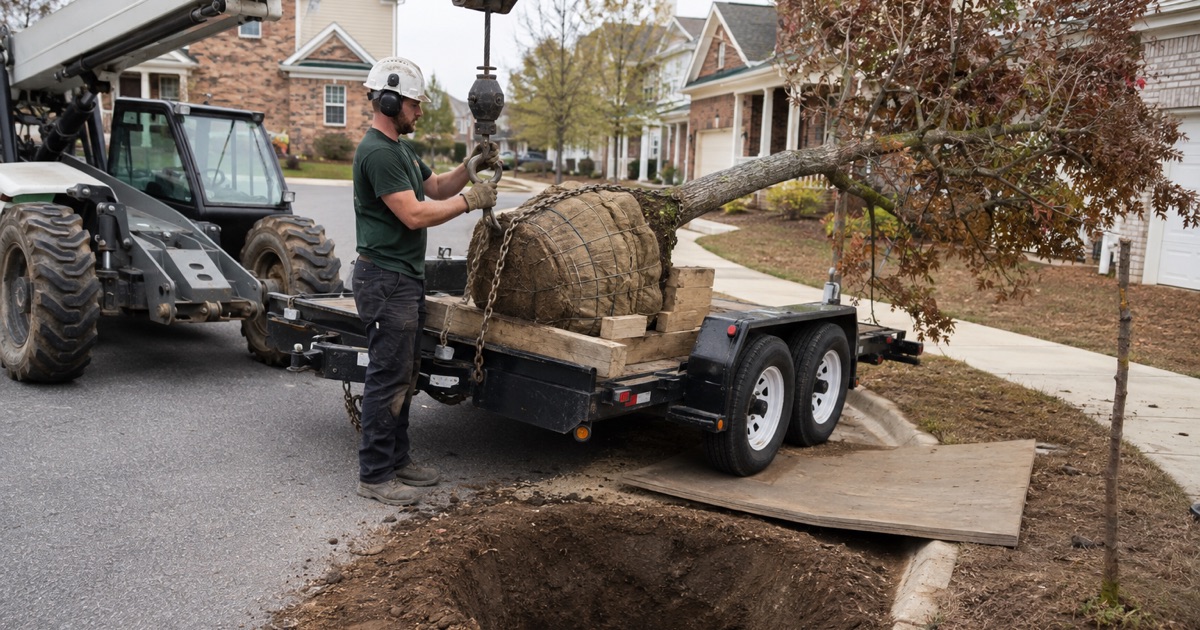 Worker bringing the chain sling hook to a balled willow oak on a trailer at a Madison street verge.