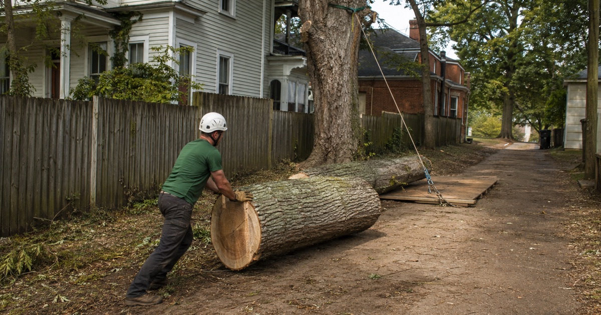Worker rolling a cut silver maple round down the alley behind an Old Decatur town lot after the section came over the roof.