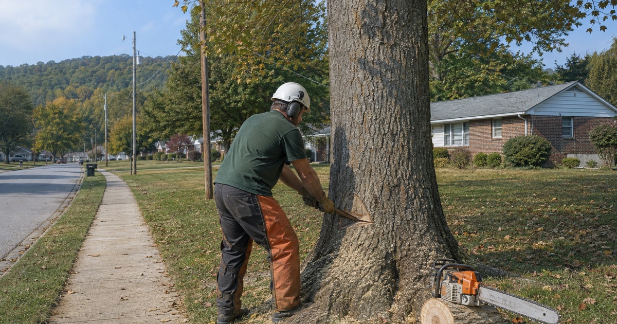 Worker seating a felling wedge in the back cut of a tulip poplar being taken down off the line inside the Hartselle city limits.