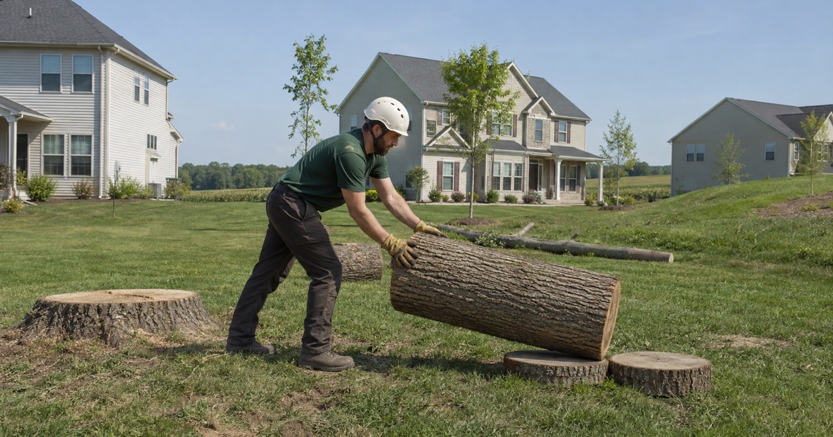 Worker rolling a southern red oak cull log onto cribbing on a graded Harvest subdivision lot.