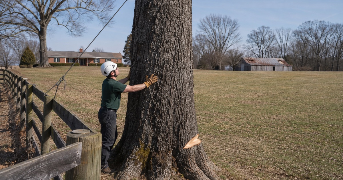 Worker reading the lean of a white oak on the boundary of a Hazel Green parcel, the pull line running out into the pasture.