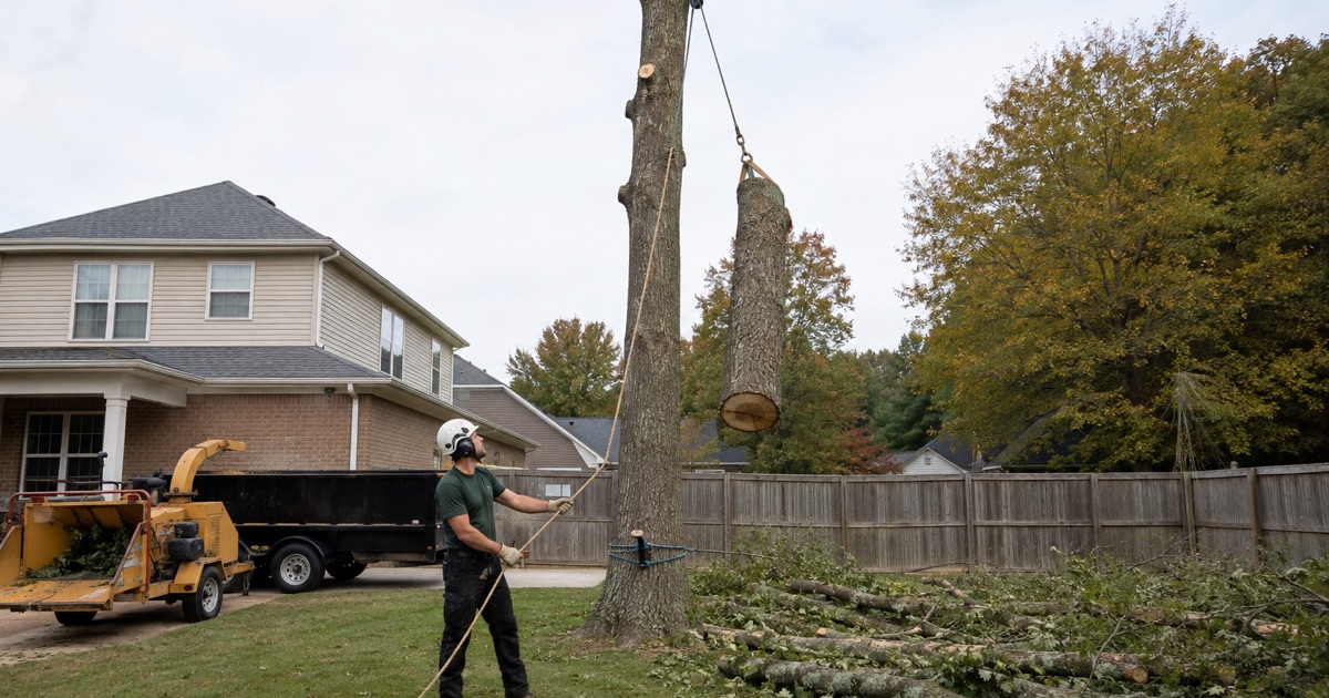 Worker holding three wraps on the bollard as a southern red oak section comes down beside the spar in a Madison back yard.