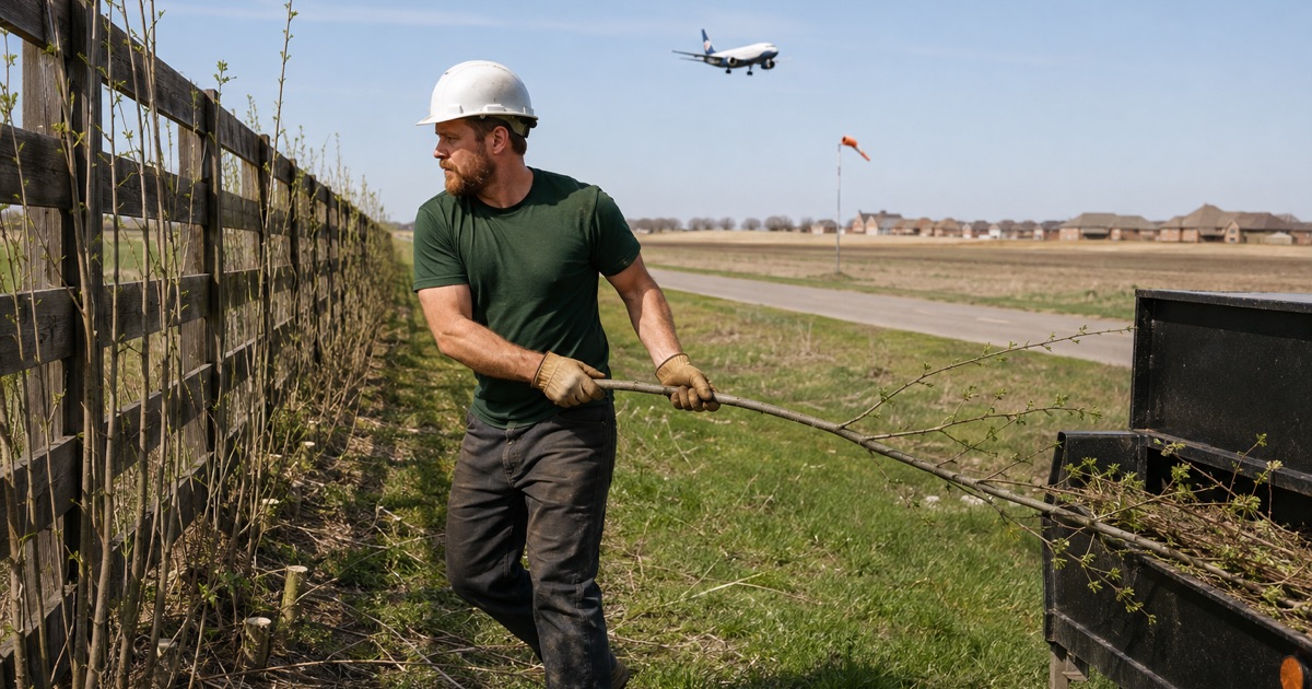 Worker pulling a cut hackberry stem out of the fence line under the airport approach at Meridianville.
