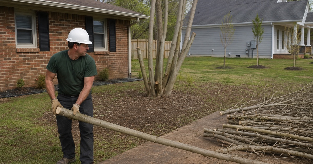 Worker holding a cut boxelder stem clear of the pole-to-house service wire at a Moores Mill ranch house.