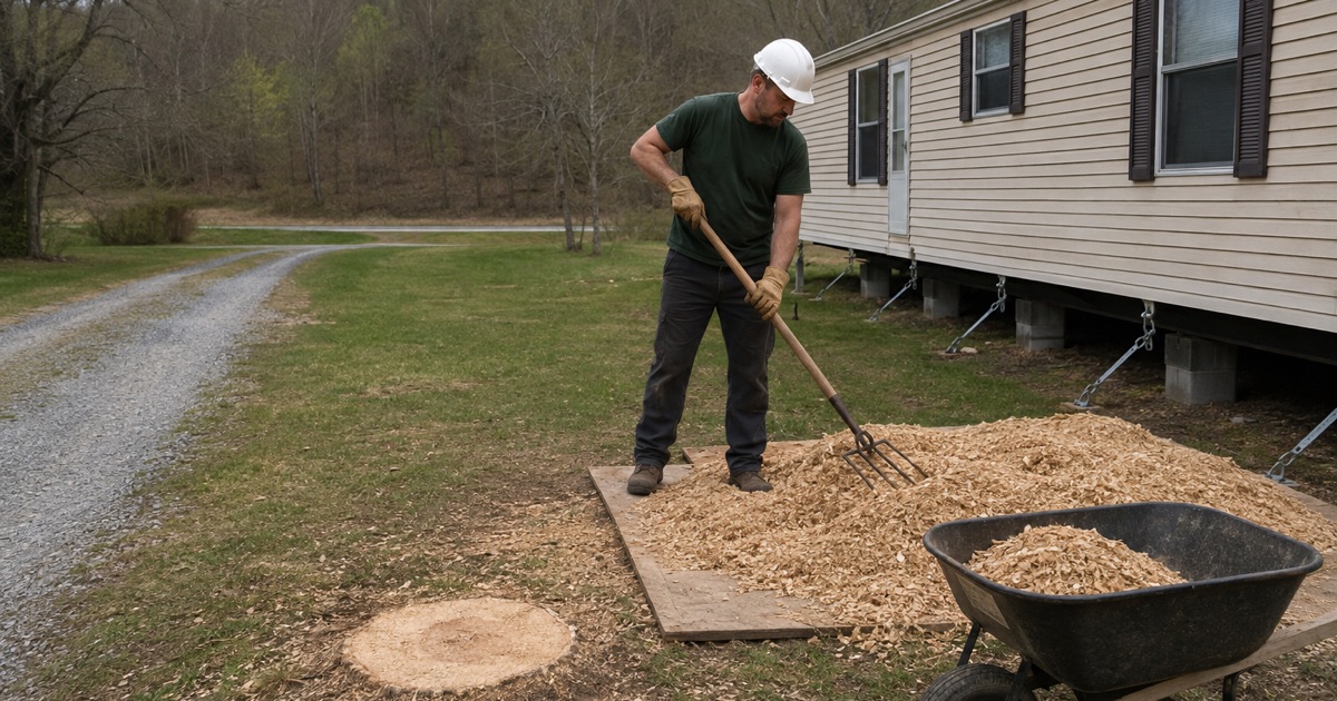 Worker forking stump chips off the ground pad beside a New Market manufactured home, the pier line and tie-downs behind him.