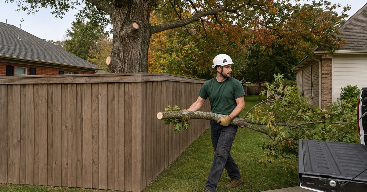 Worker carrying a cut limb butt back from a Madison boundary where the pruning stopped on the line.