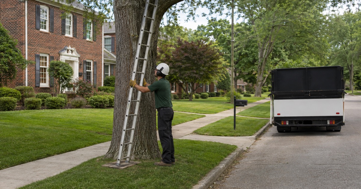 Worker bracing the ladder against a willow oak on a Madison street verge, the sidewalk and survey cap in frame.