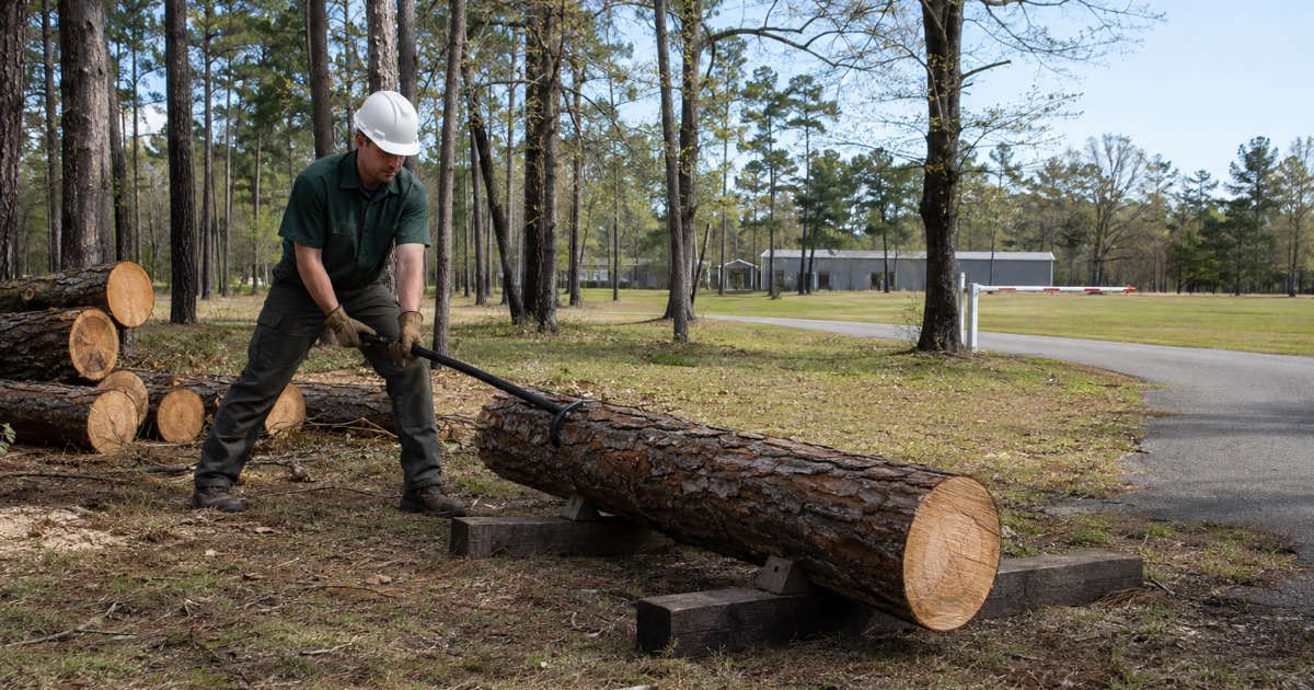 Worker rolling a loblolly pine log onto the bunk with a cant hook at a managed stand edge on Redstone Arsenal.