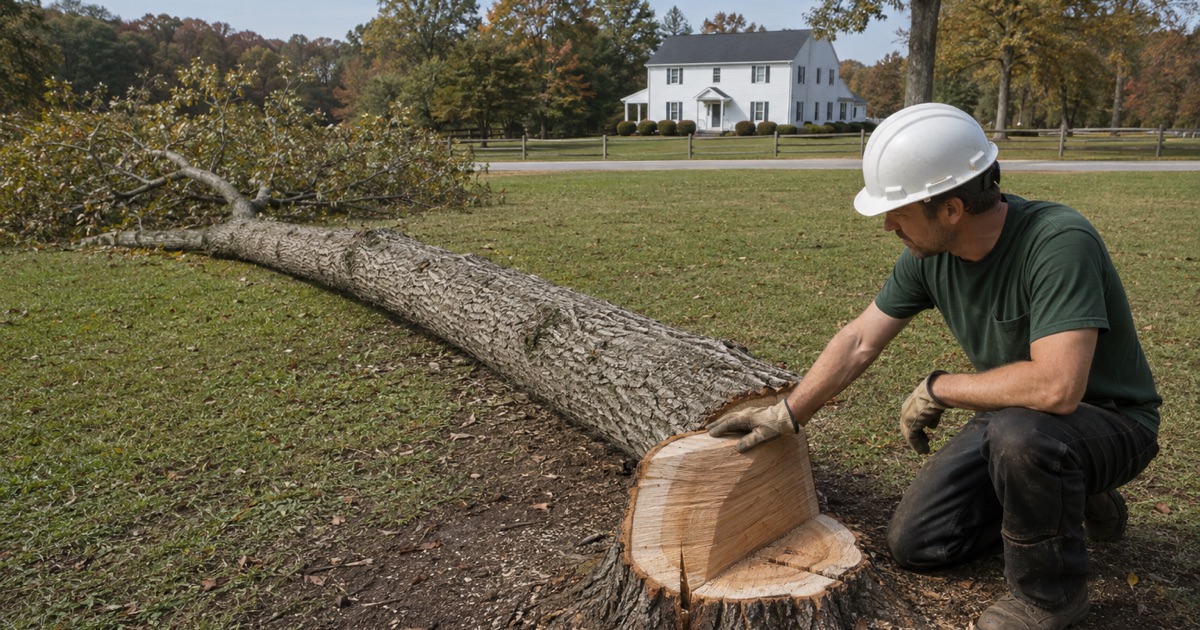 Worker reading the notch and holding wood on a fresh white oak stump on a Triana lot above the river bottomland.