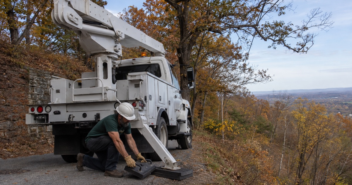 Worker sliding the outrigger pad under the foot on a Monte Sano slope street in Huntsville before line-clearance work.