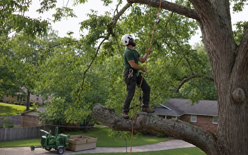 Climber holding his loaded climbing line at the bridge, tied in above the shagbark hickory limb he is standing on.
